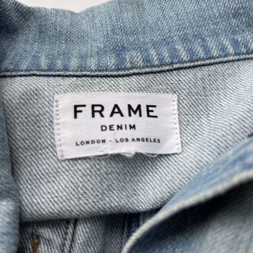 Frame Embroidered Cuffed Jean Jacket Denim Rydell Ave Logo Light Womens Sz Large - Picture 14 of 16